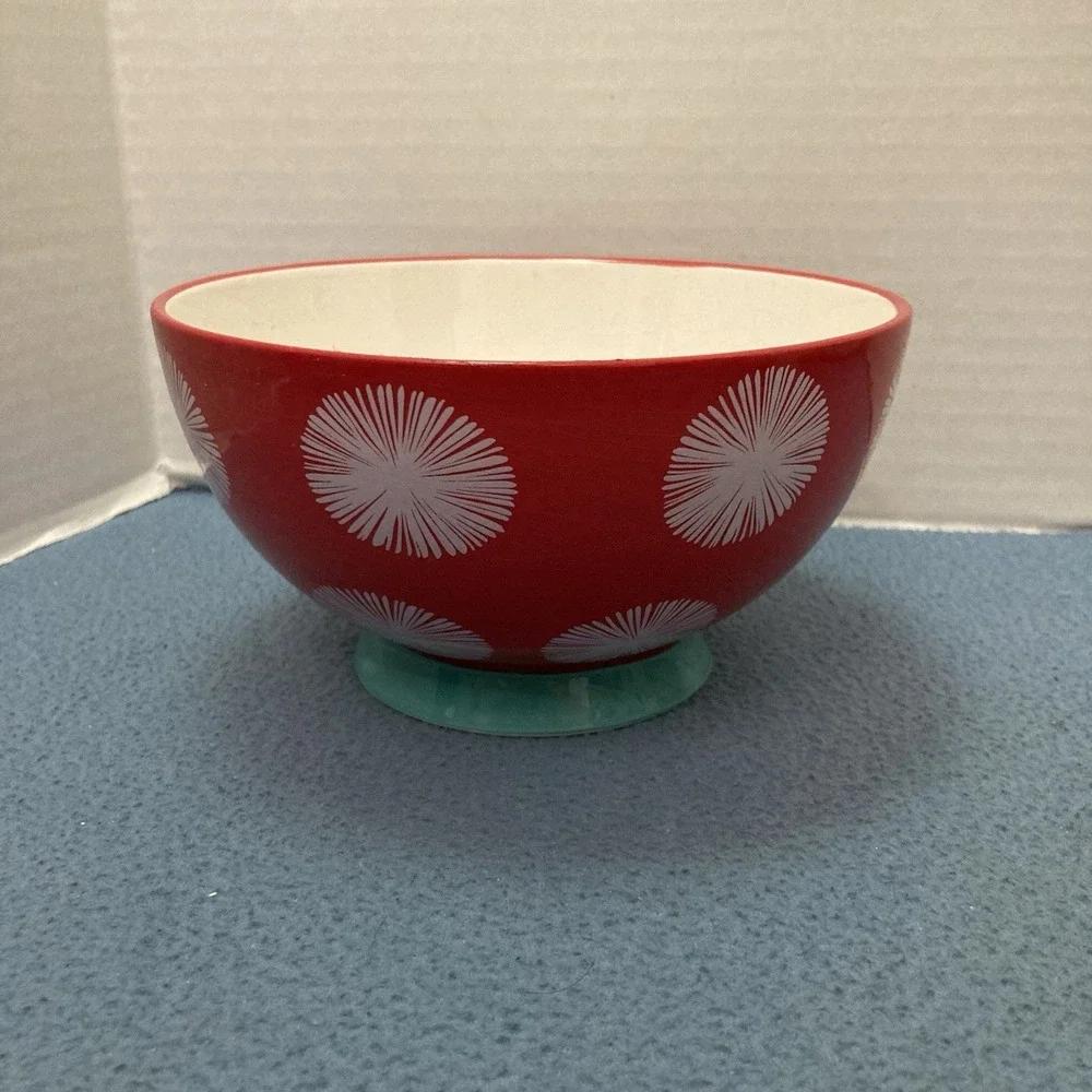 Pioneer Woman Red w/White Starbursts Teal Footed Soup/Cereal/Salad/Dessert Bowl